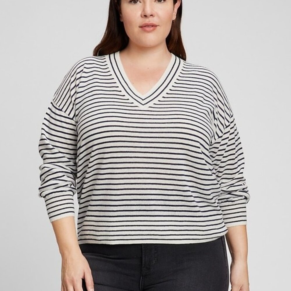 Gap Womens XL Navy White Stripe Linen Blend V-Neck Sweater Lightweight Pullover - Picture 3 of 10
